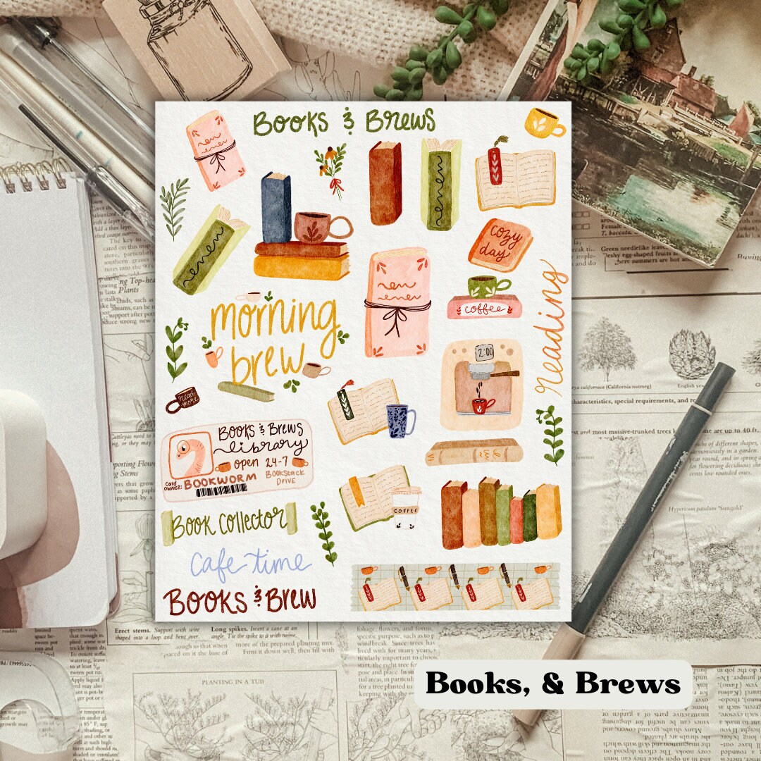Books and Brews Aesthetic Sticker Sheet for Planners and Journals, Cozy ...