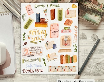 Books and Brews Aesthetic Sticker Sheet for Planners and Journals, Cozy Deco for Planners, Plants and Books Deco for planners