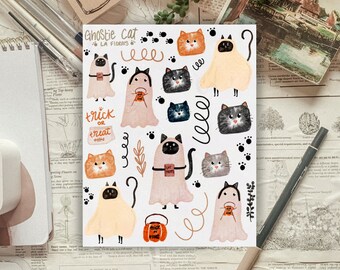Halloween Ghostie Cat Sticker Sheet for Journals and planners deco sticker sheet for planning, aesthetic cottagecore sticker sheet