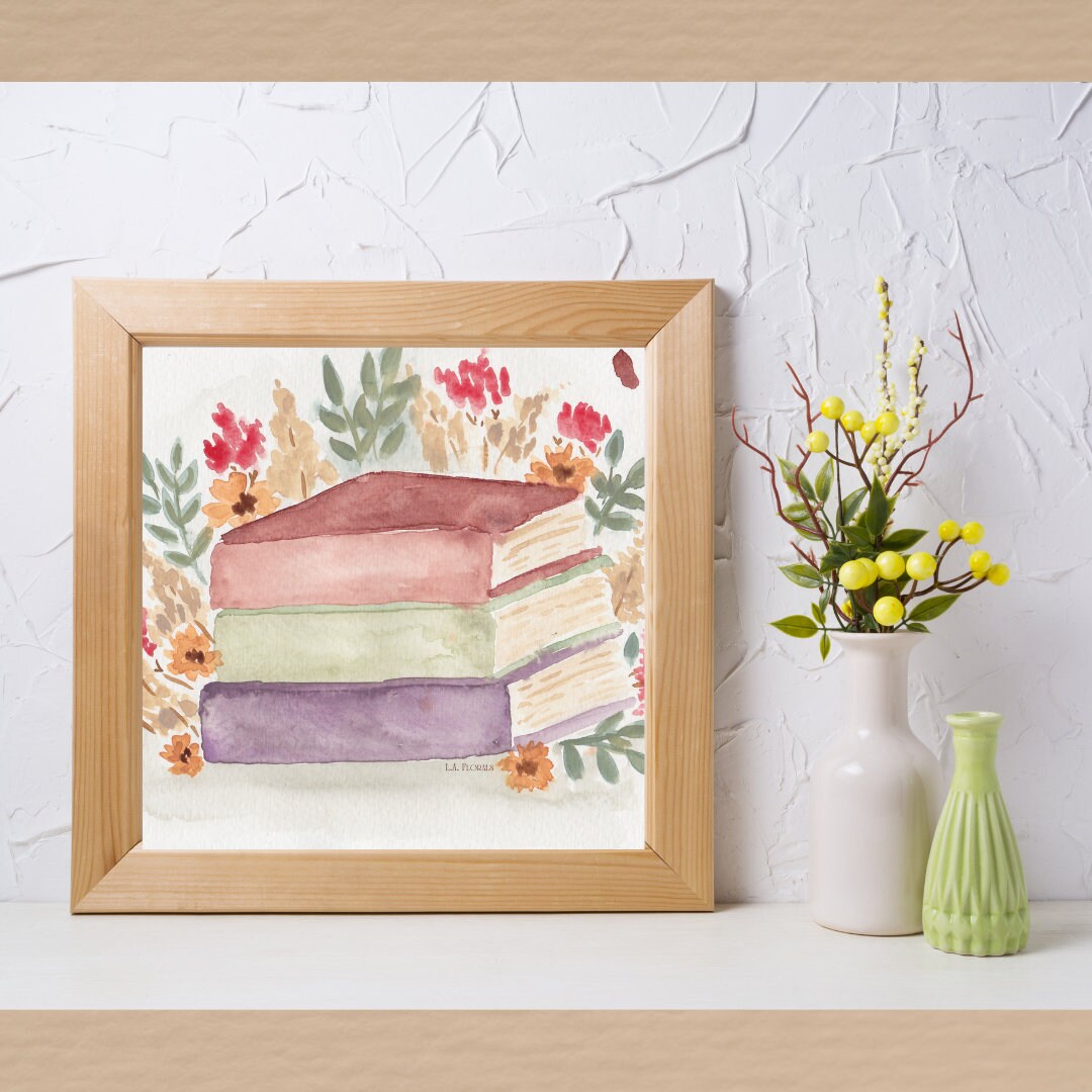 Abstract Book Stack and Floral Art Print, 8x8 Art Print, Bookish and ...