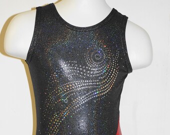 May include: Black leotard with a red and black design. The leotard has a silver glitter design on the front.