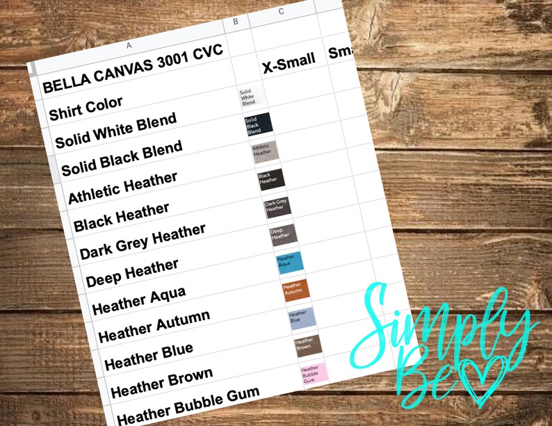 Download Bella Canvas 3001 CVC Color Chart Order Form PDF & Excel | Etsy