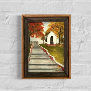 Chapel in Autumn | Framed Original Painting | Country Church Pathway Wall Art | Rustic Fall Faith Decor | Hand-Painted | Quaint Rural Chapel