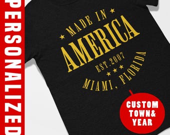Vaterländisches Geburtstags-Shirt, Unisex-T-Shirt, hergestellt in Amerika personalisiertes Geschenk, benutzerdefinierte USA-Geburtstags-Jahr-Shirt