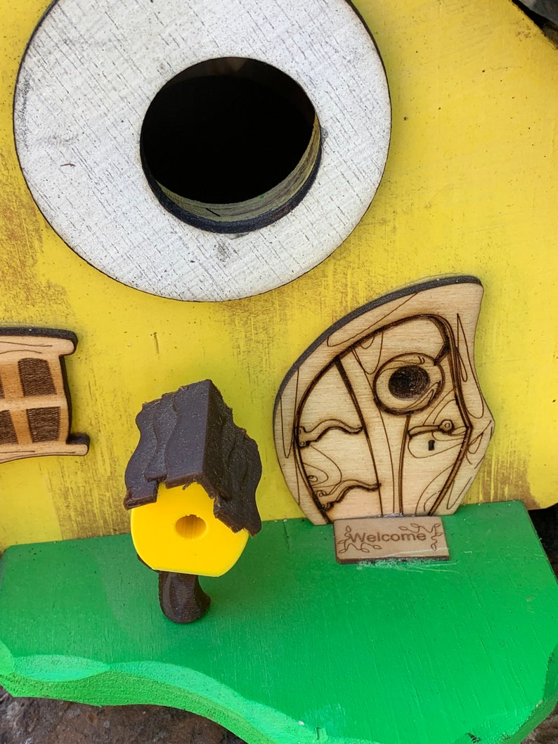 Yellow Rustic Drop Birdhouse / Oroginal Creator / Fun Birdhouse / Whimsical Birdhouse / Garden Art / Home Decor / American Made / Handmade image 2