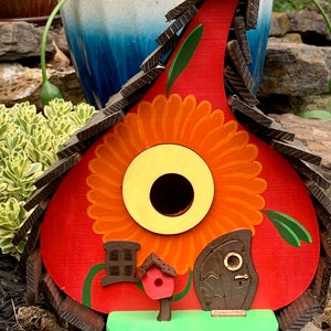 Red Floral Gourd / Hand Made/Wooden Birdhouse/Handmade/Birdhouses /Bird houses /Garden Art/Bird house/Whimsical/Home Decor
