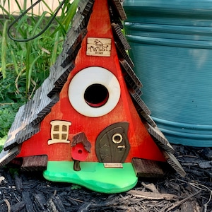 Red Rustic A-frame Birdhouse/ Handmade Birdhouse / Whimsical Birdhouse / Curvy Birdies / USA made / Garden Art / Home Decor / Birdhouse