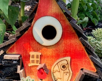 Sunshine Crooked House Birdhouse / Red Birdhouse / Yellow Birdhouse / Whimsical Birdhouse / USA made / Family Owned / Garden Art /Home Decor