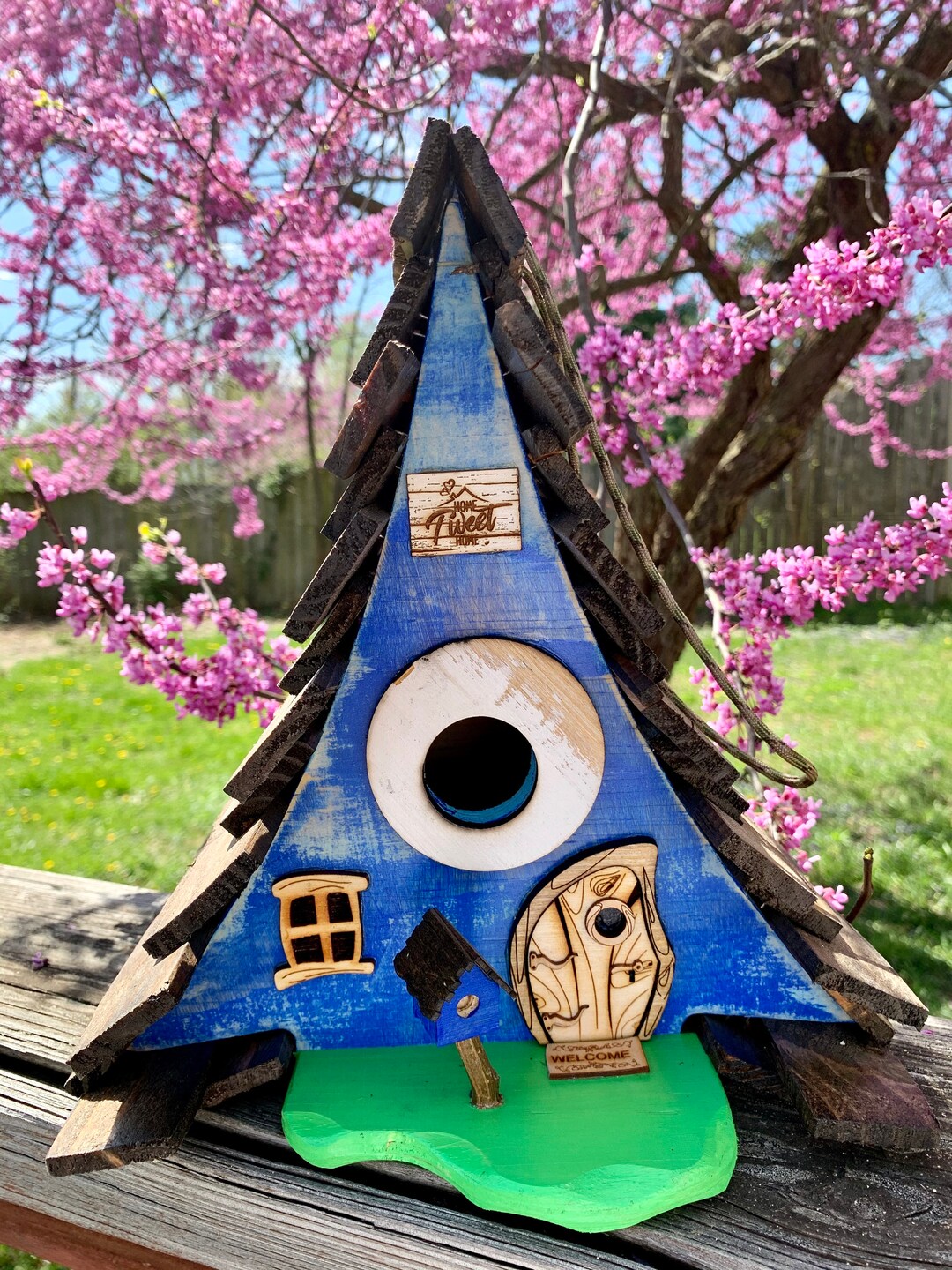 Aframe Blue Rustic Birdhouse / Whimsical Birdhouse / Birdhouse