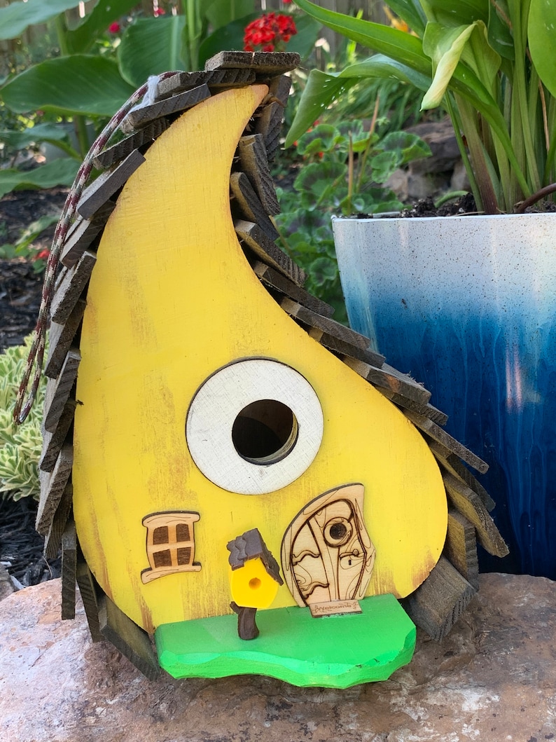 Yellow Rustic Drop Birdhouse / Oroginal Creator / Fun Birdhouse / Whimsical Birdhouse / Garden Art / Home Decor / American Made / Handmade image 1