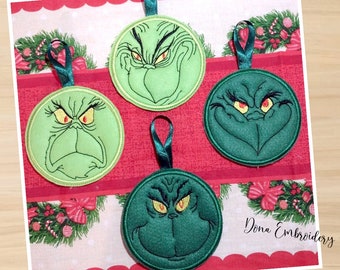 The Grinch tree ornaments ITH Machine Embroidery Design, Embroidery Files, Machine Embroidery,Instant Download.In THe Hoop