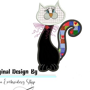 May include: A black cat with a white head and a patchwork tail. The cat has a pink bow and a red button on its neck. The cat is sitting on a white background. Original Design By Donna Embroidery Shop.