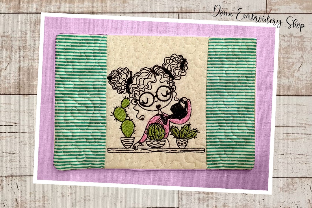 Cute Girl With Cactus Mug Rug ITH - Machine Embroidery Design ...