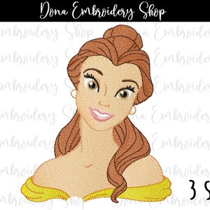 May include: Embroidered design of Belle from Beauty and the Beast. She has brown hair, a yellow dress, and a warm smile. The design is available in three sizes.