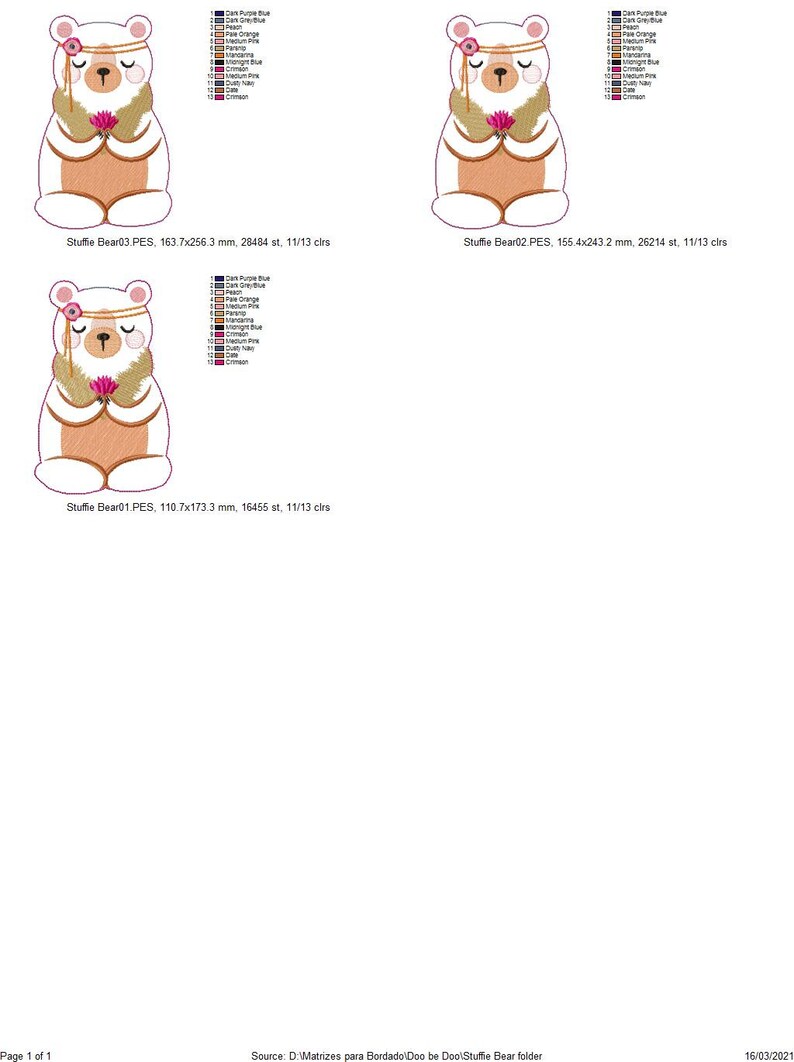 May include: Three embroidery designs of a white bear wearing a headband with flowers and holding a flower in its paws. The bear is sitting in a meditation pose. The designs are in different sizes. The designs are for embroidery machines.