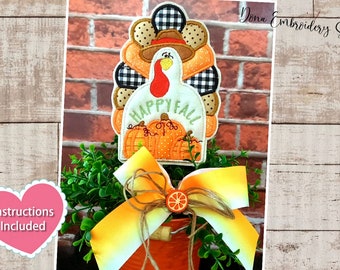 Happy Fall Turkey Ornament ITH Machine Embroidery Design, Embroidery Files, Instant Download. In The Hoop