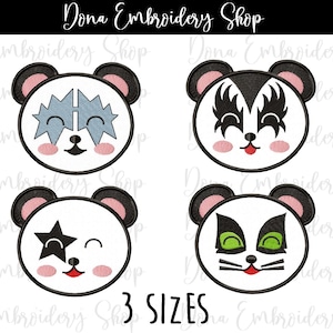 Può includere: Quattro disegni di ricamo di volti di panda con diversi look di trucco ispirati ai Kiss. I disegni presentano volti di panda in bianco e nero con guance rosa, occhi neri e diversi design di trucco. Il testo "3 SIZES" è nella parte inferiore dell'immagine.
