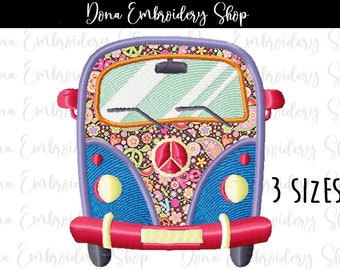 May include: Embroidered design of a colorful retro van with a peace sign on the front. The van features a blue body, red accents, and a floral pattern. The text "3 SIZES" is visible. The shop name "Dona Embroidery Shop" is at the top.