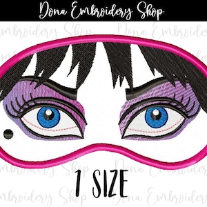 Könnte beinhalten: Gestickter Schlafmaske mit rosa Rand und einem lila und schwarzen Design von Frauenaugen. Der Text "1 SIZE" befindet sich unter der Maske.