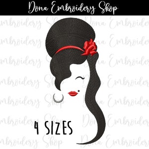 Peut inclure: Broderie noire et blanche d'une femme avec une coiffure en forme de ruche et une fleur rouge. Le motif est disponible en quatre tailles.