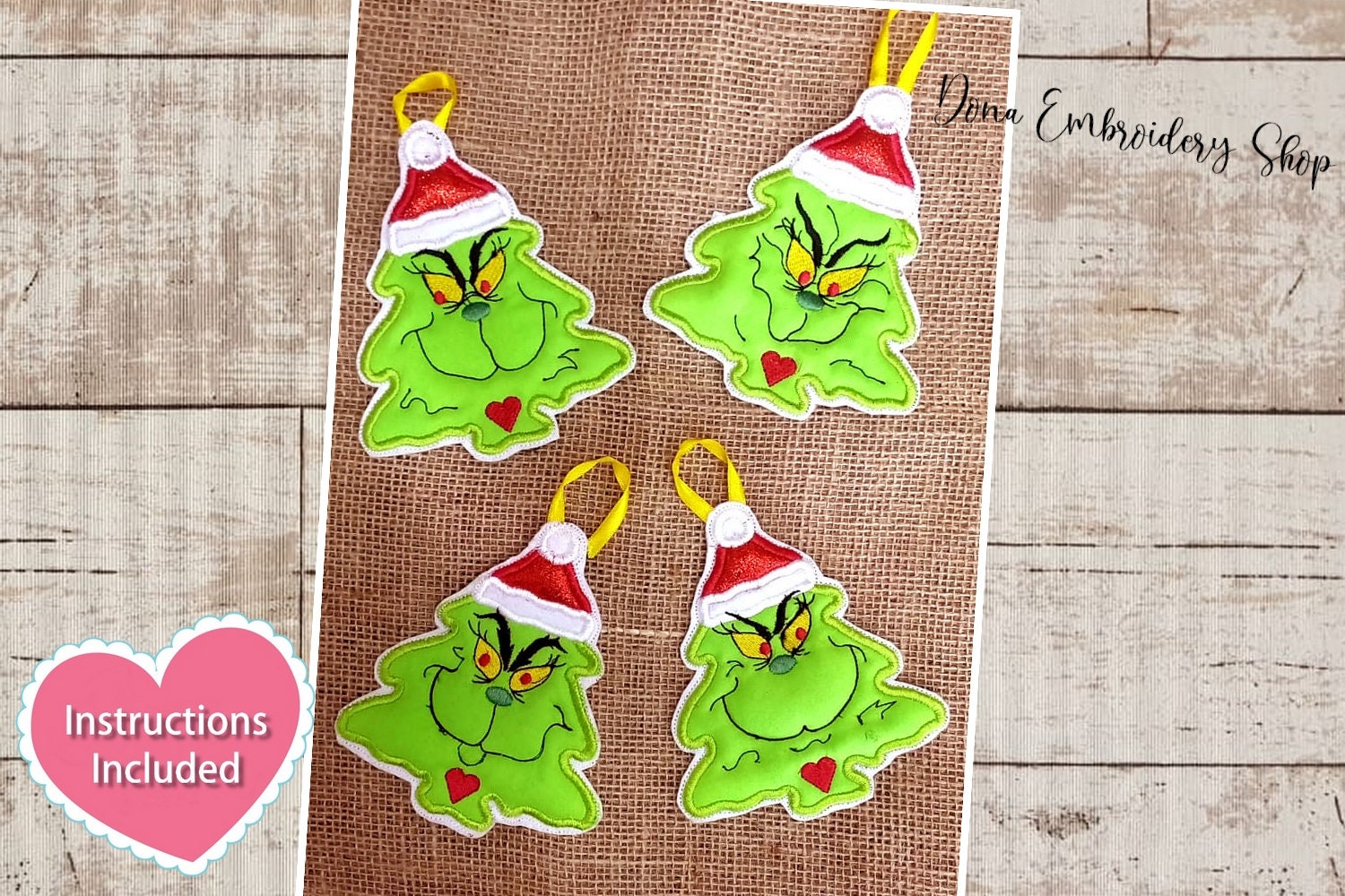 Der Grinch Weihnachtsbaumschmuck ITH Maschinenstickdesign, Stickdateien, Maschinenstickerei, Sofortiger Download. Im Stickrahmen