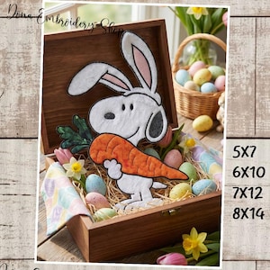May include: A wooden box featuring a Snoopy-style bunny holding a carrot, with Easter eggs and flowers. The box contains straw and pastel eggs. A basket of eggs and flowers is in the background. Sizes 5x7, 6x10, 7x12, and 8x14 are listed.