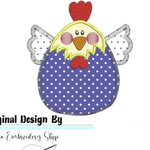 May include: Embroidered design of a purple and white polka dot chicken with a red heart on its chest. The chicken has yellow wings and a yellow beak. The design is titled "Original Design By Donna Embroidery Shop".