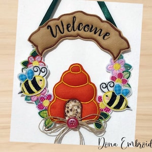 Bee welcome wreath ITH Machine Embroidery Design, Embroidery Patterns, Embroidery Files, Machine Embroidery, Instant Download