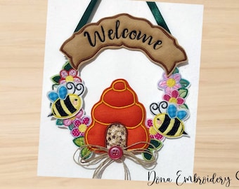 Bee welcome wreath ITH Machine Embroidery Design, Embroidery Patterns, Embroidery Files, Machine Embroidery, Instant Download