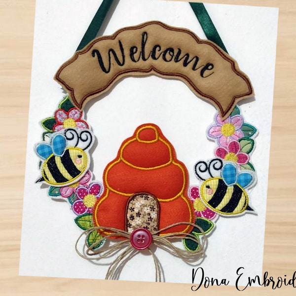 Bee welcome wreath ITH Machine Embroidery Design, Embroidery Patterns, Embroidery Files, Machine Embroidery, Instant Download