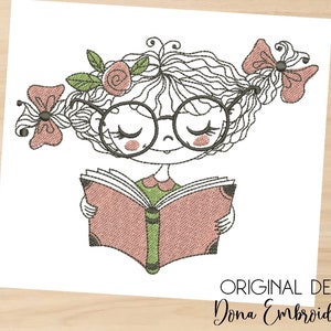 Chica con el libro Fill Stitch - Diseño de bordado a máquina, Patrones de bordado, Archivos de bordado, Bordado a máquina, Descarga instantánea