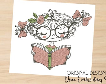 Mädchen mit dem Buch Füllstich - Maschinenstickdesign, Stickmuster, Stickdateien, Maschinenstickerei, Sofortiger Download