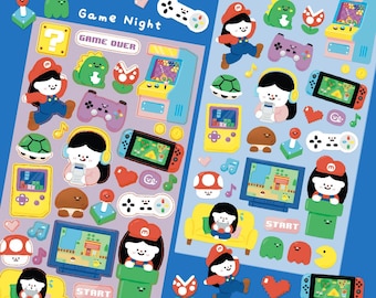 Hoja de pegatinas para Game Night / pegatinas de juegos retro / regalo para jugadores / Game Over / pegatinas de videojuegos / noche de juegos / pegatinas de arcade