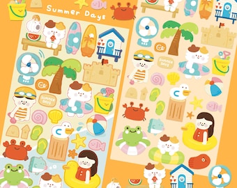 Summer days sticker sheet | beach vibe stickers | kawaii crab| building sand castle | sunbath | summer scrapbook | journal | beach stickers