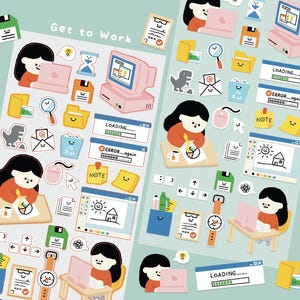 Könnte beinhalten: Ein Bogen mit Aufklebern zum Thema 'Get to Work'. Die Aufkleber zeigen Illustrationen einer Person, die an einem Laptop arbeitet, einem Desktop-Computer und verschiedenen computerbezogenen Symbolen.