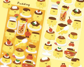 Foglio di adesivi Kawaii Pudding: adesivi in vinile opaco per dessert a base di crema pasticcera
