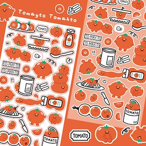 Puede incluir: Dos hojas de pegatinas naranjas con tem&aacute;tica de tomate. Las pegatinas presentan tomates de dibujos animados en varias poses, junto con salsa de tomate, latas y el texto "Tomayto Tomahto" y "Tomato". Las pegatinas est&aacute;n delineadas en negro.
