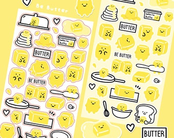 Hoja de pegatinas de Butta the Butter, cubo de mantequilla, pegatina de comida para el desayuno, mantequilla derretida, pegatina de pan con mantequilla, planificador de bullet journal