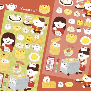 Könnte beinhalten: Ein Stickerbogen mit dem Thema Yumcha. Die Aufkleber zeigen Illustrationen von Dim Sum, Teekannen und Zeichentrickfiguren. Die Farbpalette umfasst Rot, Gelb, Weiß und Grün.
