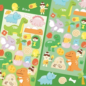 Foglio di adesivi di dinosauri carini, adesivi kawaii per custodie per laptop, confezione di adesivi di dinosauri, per gli amanti dei dinosauri, foglio di adesivi dell'età della pietra / simpatico cavernicolo