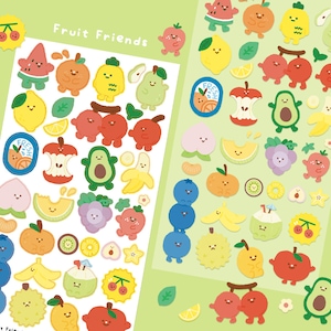 Stickervel Fruit Friends | Sticker bulletjournal planner | Leuke kawaii fruitdecoratiestickers | Sticker fruitdesserts | Pakket gezonde voeding