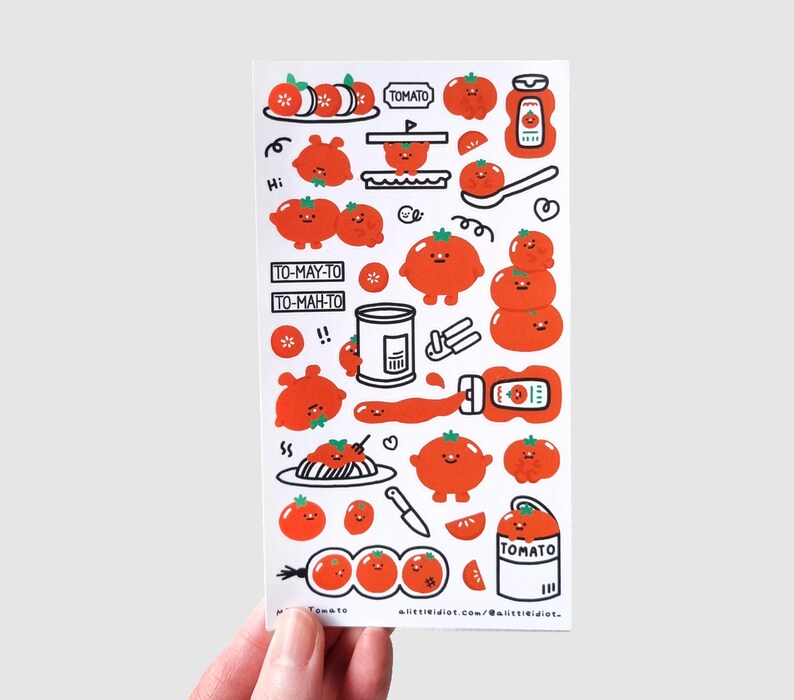 Puede incluir: Una hoja de pegatinas con tem&aacute;tica de tomate con tomates de dibujos animados, botellas de ketchup y rodajas de tomate. Las pegatinas son rojas, blancas y negras. El texto incluye "TOMATO", "TO-MAY-TO" y "TO-MAH-TO".