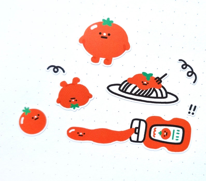 Puede incluir: Una colecci&oacute;n de pegatinas de tomate de dibujos animados. Las pegatinas incluyen un personaje de tomate, un tomate con brazos y piernas, un tomate en un plato de espaguetis y una botella de ketchup con una cara de tomate.