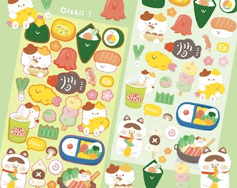 Foglio di adesivi con simpatici cibi giapponesi per il pranzo Bento, set di diari per laptop, adesivi con funghi onigiri sushi tempura di polpo dango, adesivi con pesce di soia