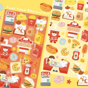 Könnte beinhalten: Ein Bogen mit bunten Aufklebern mit Fast-Food-Artikeln wie Burgern, Hotdogs, Pizza und Donuts. Die Aufkleber haben einen Cartoon-Stil mit lächelnden Gesichtern auf dem Essen und den Figuren. Der Text "Fast Food Restaurant" ist sichtbar.
