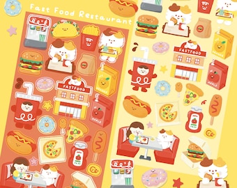 Hoja de pegatinas de comida rápida adorable, pegatinas de papas fritas, hamburguesas, pizzas, perritos calientes, donas, panqueques, pegatinas para planificadores, amante del tomate y el kétchup, pegatina kawaii para caja de jugo