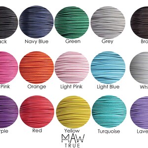 May include: A collection of colorful cords in various shades, including black, navy blue, green, grey, brown, hot pink, orange, light pink, light blue, white, purple, red, yellow, turquoise, and lavender. Each color is displayed in a circular arrangement with the color name below.