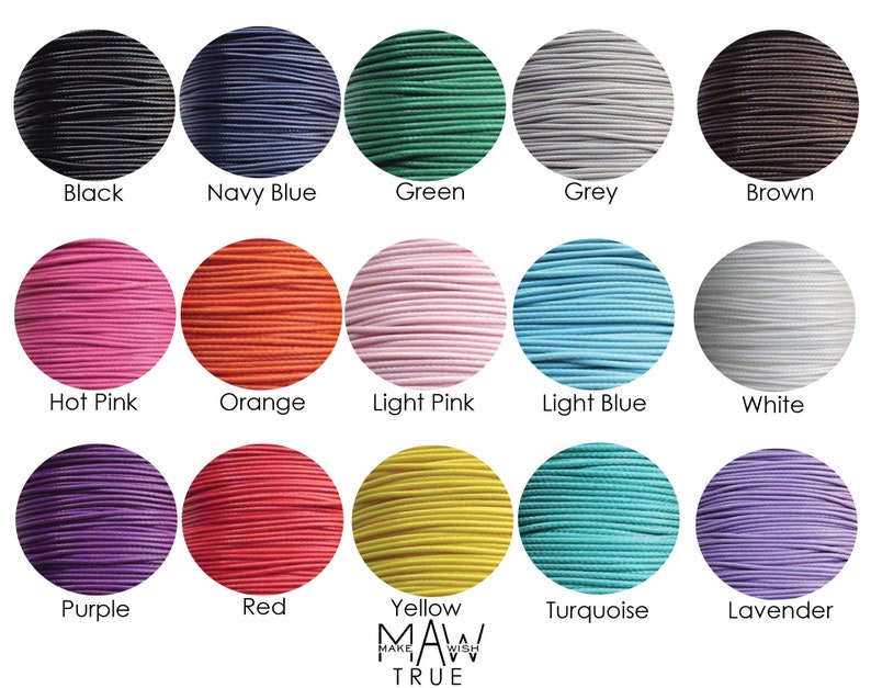 May include: A collection of colorful cords in various shades, including black, navy blue, green, grey, brown, hot pink, orange, light pink, light blue, white, purple, red, yellow, turquoise, and lavender. Each color is displayed in a circular arrangement with the color name below.
