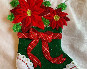 Finished Bucilla Christmas Poinsettia Handmade Felt Christmas/Holiday 18-inch Stocking