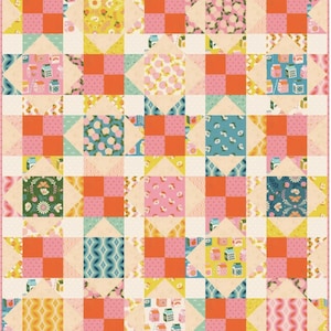 May include: A colorful patchwork quilt with a repeating pattern of squares and triangles. The quilt features various floral, fruit, and geometric patterns in shades of pink, orange, yellow, and teal. The quilt is bordered with a pink edge.